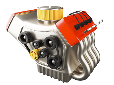 Metallic Automotive Engine Component Red Cover Yellow Filter Black Connectors Cooling Fins 3d model