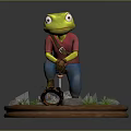 Frog Character In Red Shirt And Blue Pants Chopping Wood With Stones Grass Round Base