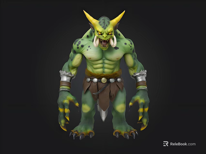 3D Monster Character With Green Skin Yellow Horns Tusked Mouth Leather Apron And Muscular Build 3d model 