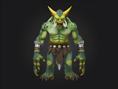 3D Monster Character With Green Skin Yellow Horns Tusked Mouth Leather Apron And Muscular Build 3d model