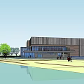 Modern Sales Office Building with Surrounding Trees Water Feature and Green Walkways