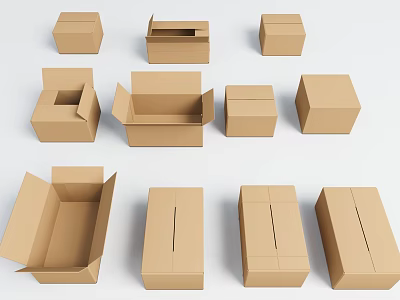 Various Open And Closed Cardboard Boxes In Different Sizes Arranged On White Surface 3d model