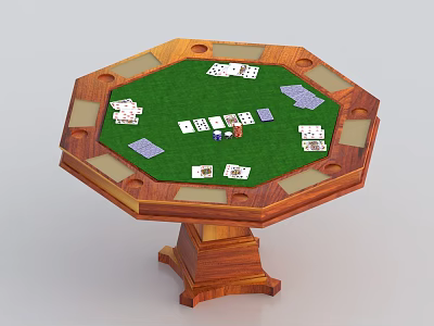 Octagonal Entertainment Game Table with Green Felt Surface featuring Playing Cards Dice and Chips 3d model