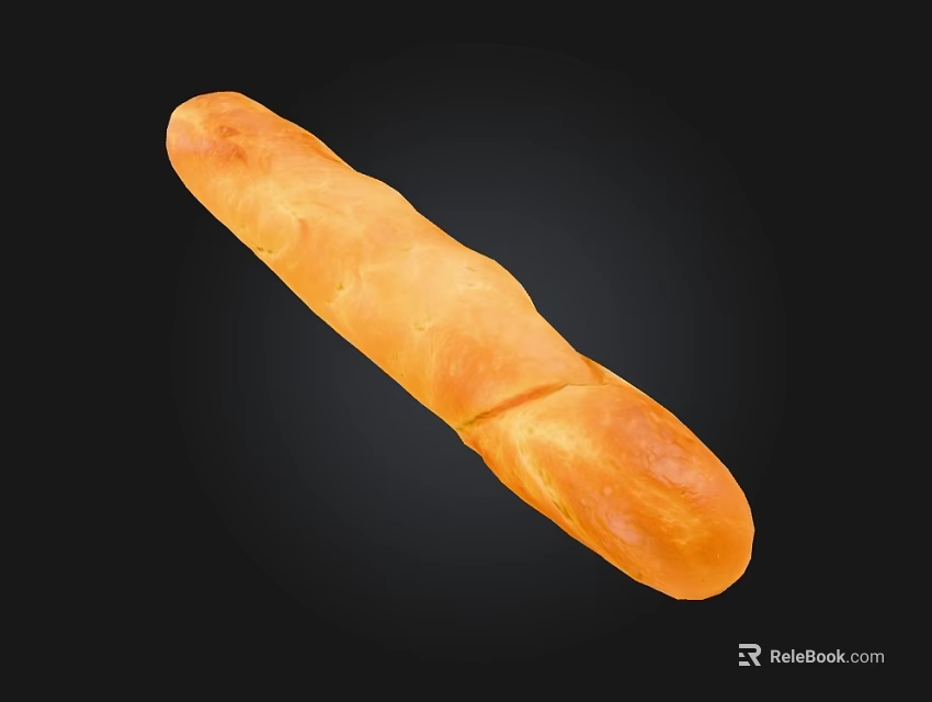 Freshly Baked Long Golden Baguette on Black Background with Crusty Bread Texture 3d model 