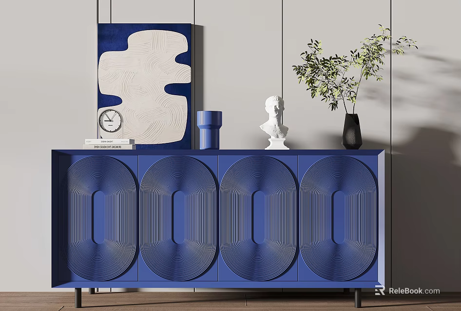 Blue Console Table with Decorative Patterns Artistic Decor Sculpture Plants and Clock in Modern Interior 3d model