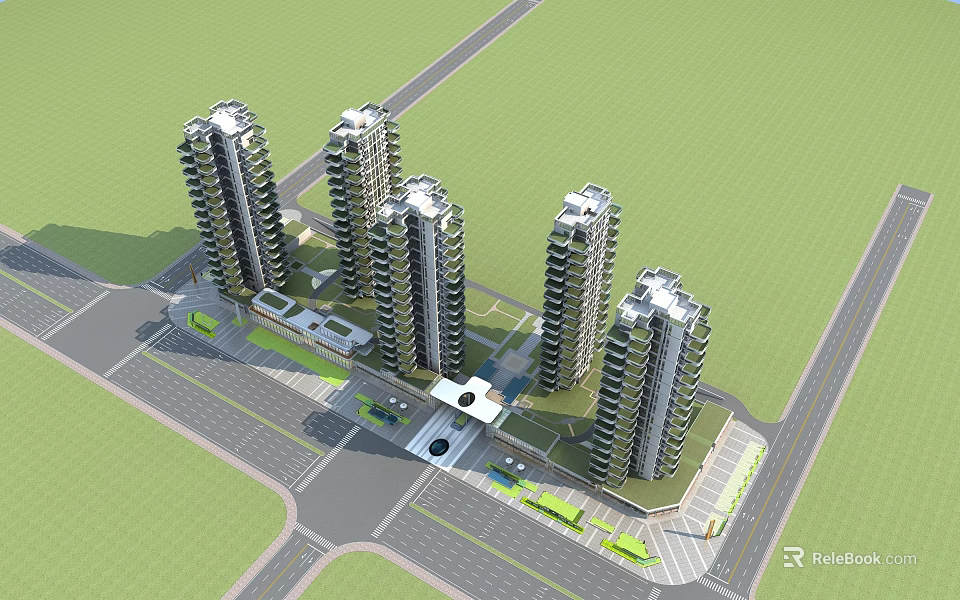 Multiple High Rise Residential Buildings in Green Environment With Surrounding Roads and Plaza 3d model 