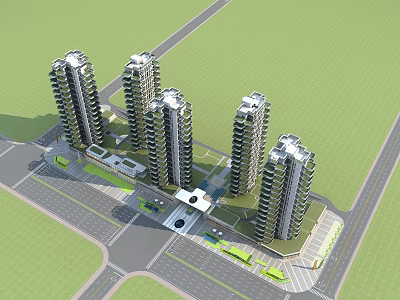 Multiple High Rise Residential Buildings in Green Environment With Surrounding Roads and Plaza 3d model