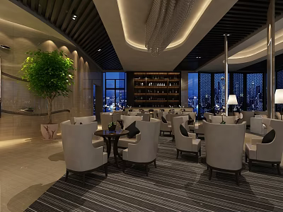 Modern Sales Office Interior With Comfortable Sofas Coffee Tables Large Plant And City View Windows 3d model