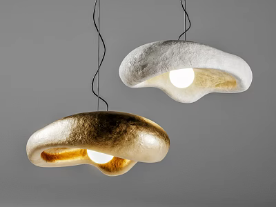 Modern Artistic Pendant Lights in Gold and White with Irregular Metallic Shapes Glowing Brightly 3d model