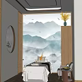 Relaxing SPA Sauna Room With Massage Bed And Traditional Mountain Painting