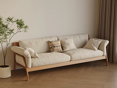 Beige Multi Person Sofa with Wooden Frame Throw Pillows and Potted Plant Near Curtains 3d model