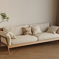 Beige Multi Person Sofa with Wooden Frame Throw Pillows and Potted Plant Near Curtains