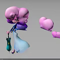 Pink Haired Character In Blue Dress Holding Green Umbrella With Floating Pink Cloud Creatures