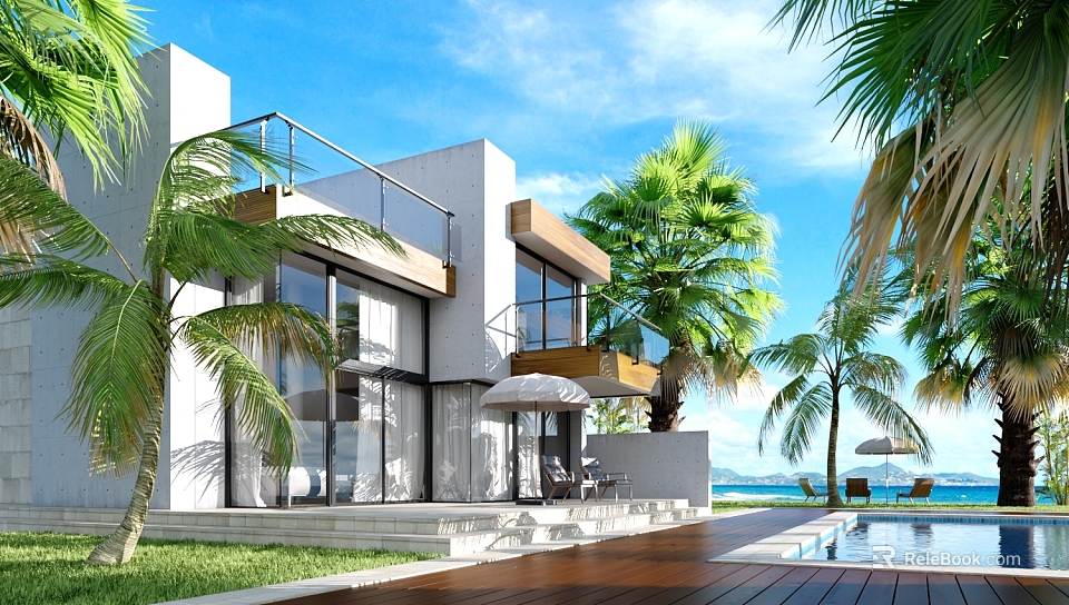 Modern Detached Villa With Ocean View Palm Trees Swimming Pool And Terrace 3d model 
