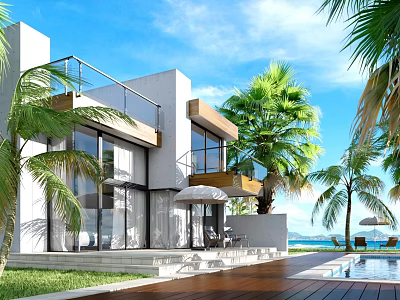 Modern Detached Villa With Ocean View Palm Trees Swimming Pool And Terrace 3d model