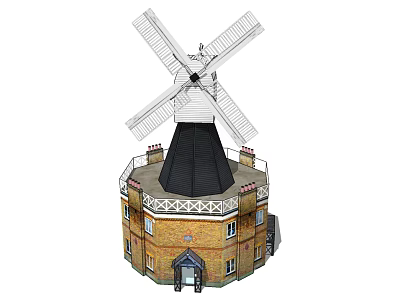 Traditional Windmill Architectural Structure Featuring Brick Tower Conical Roof And Rotating Blades 3d model