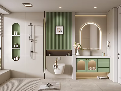 Modern Bathroom Design Featuring Green Striped Wall Round Mirror White Toilet And Green Vanity Cabinet 3d model