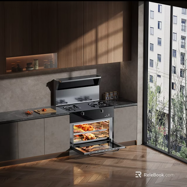 Modern Kitchen Interior With Wooden Cabinets Black Countertop Built-in Oven And Roasted Food 3d model 