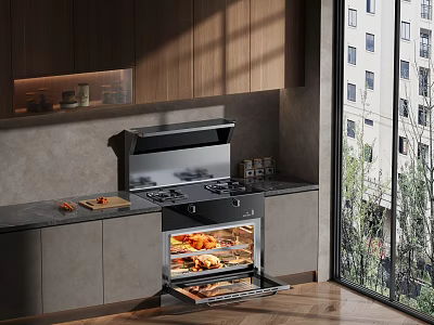 Modern Kitchen Interior With Wooden Cabinets Black Countertop Built-in Oven And Roasted Food 3d model