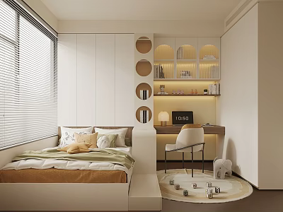 Tatami Bedroom With Window Blinds Desk Chair And Storage Shelves 3d model