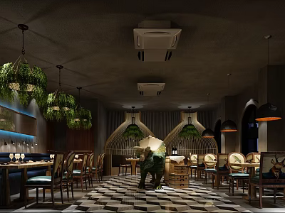 Modern Restaurant Interior With Hanging Lights Green Plants Wooden Tables Chairs And Geometric Floor 3d model