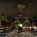 Modern Restaurant Interior With Hanging Lights Green Plants Wooden Tables Chairs And Geometric Floor