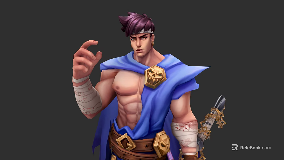 Muscular Game And Movie Character With Purple Hair Blue Cape And Golden Ornaments 3d model 