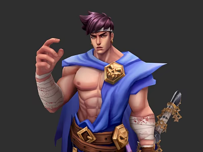 Muscular Game And Movie Character With Purple Hair Blue Cape And Golden Ornaments 3d model