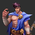 Muscular Game And Movie Character With Purple Hair Blue Cape And Golden Ornaments