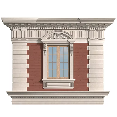 Classical Architectural Exterior Detail With Red Brick Wall Wooden Framed Window And White Decorative Moldings 3d model