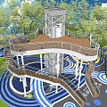 Modern Road Facility With Multi Level Platform Spiral Staircases Elevator And Colorful Circular Ground Patterns 3d model