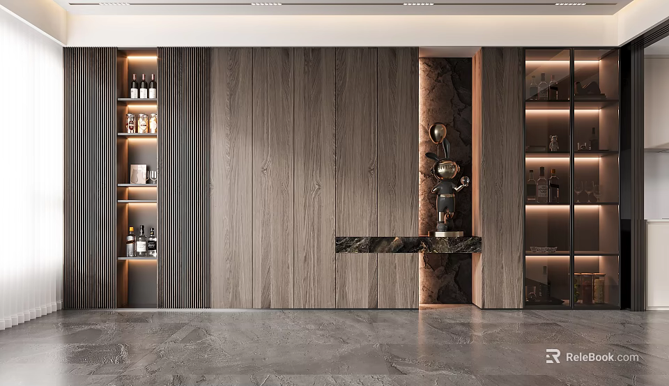 Modern Decorative Cabinet Design With Wooden Wall Glass Door Cabinets And Marble Countertop 3d model 