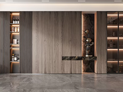 Modern Decorative Cabinet Design With Wooden Wall Glass Door Cabinets And Marble Countertop 3d model