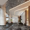 Elegant Double Story Hotel Lobby With Shimmering Ceiling Golden Pillars Modern Lighting And Marble Flooring