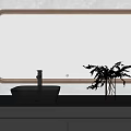 Oval Bathroom Mirror with Light Frame Reflecting Black Sink and Green Plant Below