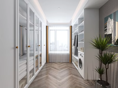 Modern Walk in Closet Interior With White Glass Doors Herringbone Flooring Window And Washing Machine 3d model