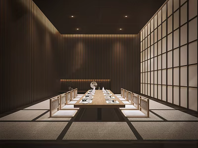 Traditional Private Dining Room With Wooden Walls Long Dining Table Lattice Screens And Warm Lighting 3d model
