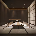 Traditional Private Dining Room With Wooden Walls Long Dining Table Lattice Screens And Warm Lighting