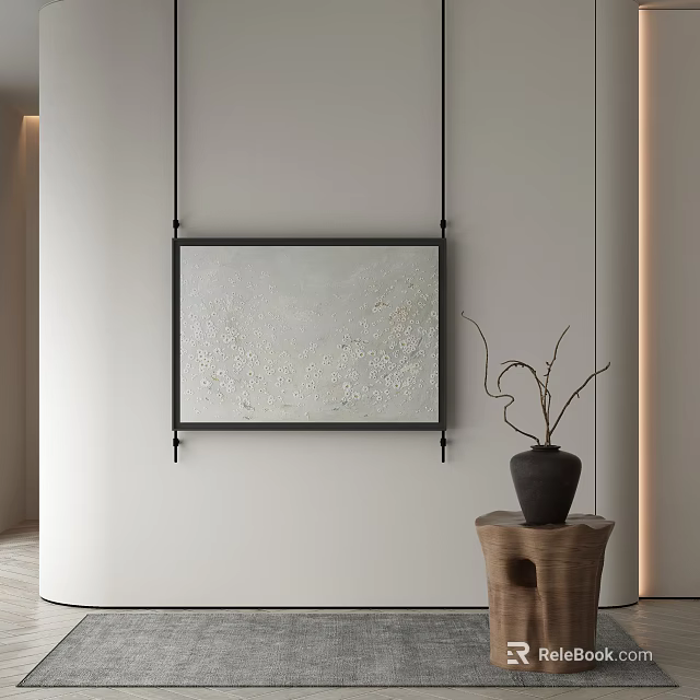 Elegant Minimalist Interior With Wall Hung Abstract Painting Ceramic Vase And Wooden Pedestal 3d model 