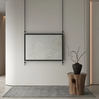 Elegant Minimalist Interior With Wall Hung Abstract Painting Ceramic Vase And Wooden Pedestal 3d model