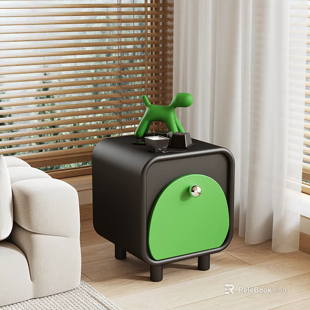 Stylish Black And Green Nightstand With Green Dog Figurine On Top And Drawer 3d model 