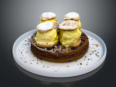 Delicious Waffle Dessert With Vanilla Ice Cream Scoops And Meringue Toppings On White Plate 3d model