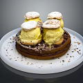 Delicious Waffle Dessert With Vanilla Ice Cream Scoops And Meringue Toppings On White Plate