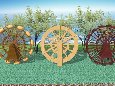 Three Wooden Waterwheels As Garden Ornaments With Green Grass Trees Blue Sky And Ocean View 3d model