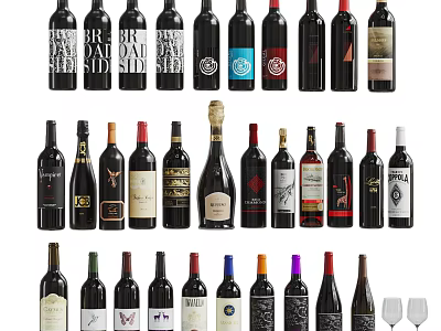 Collection Of Diverse Wine Bottles And Pair Of Wine Glasses 3d model