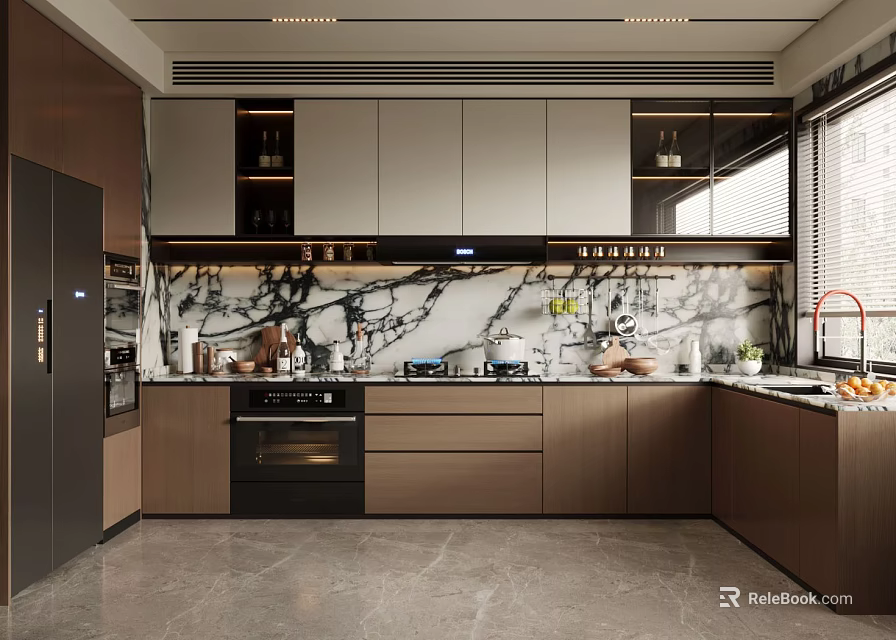 Modern Kitchen Interior Design With Marble Backsplash Cabinets Stove And Appliances 3d model