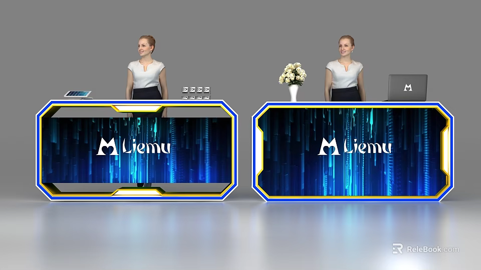Modern Liemu Reception Desk With Blue Digital Backdrop Staff And Flower Vase 3d model 