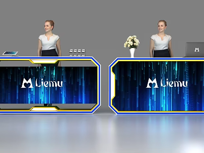 Modern Liemu Reception Desk With Blue Digital Backdrop Staff And Flower Vase 3d model