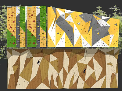 Outdoor Climbing Wall Sports Equipment with Colorful Geometric Panels and Climbing Holds for Training 3d model