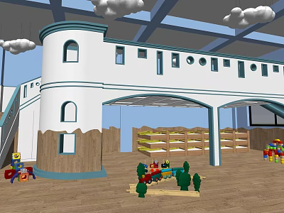 Kindergarten Indoor Play Space With Arched Doors White Walls Toys And Wooden Floor 3d model